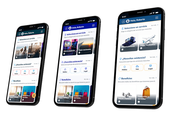 Three iPhone mockups showing the Iké app: service selection, assistance options, and benefits sections with consistent blue header and card-based layout.